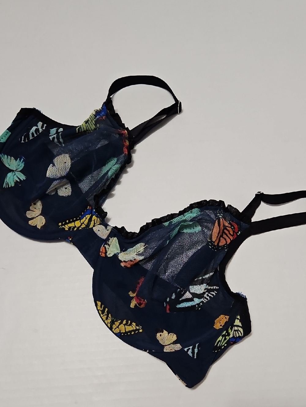 Navy Sheer Underwire Bra with Multicolor Butterfly Print Size 38D